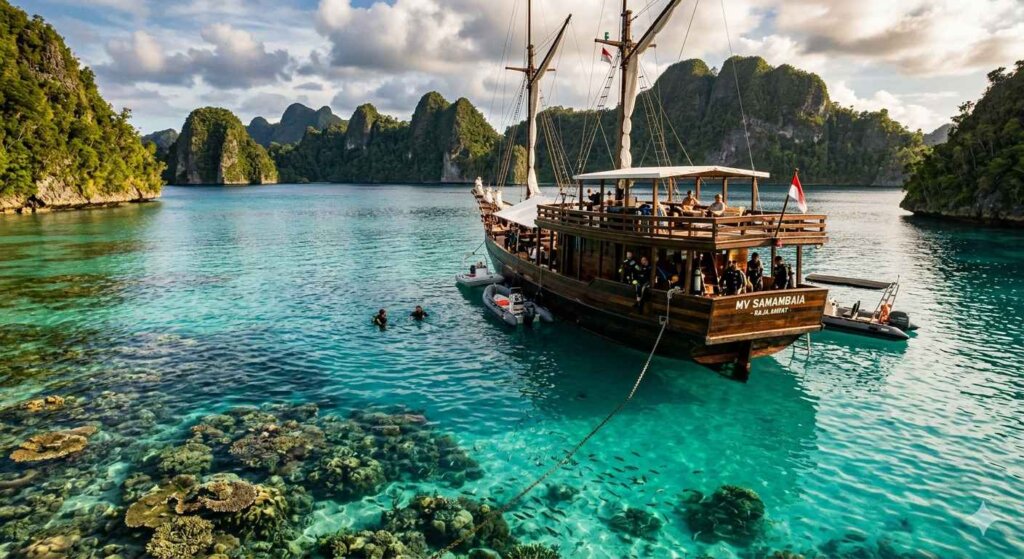 Raja Ampat liveaboard diving boat anchored above turquoise reef West Papua Indonesia.