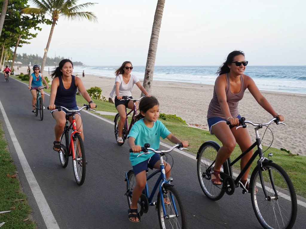 Real family photo at Sanur beach Bali enjoying morning bicycle ride
