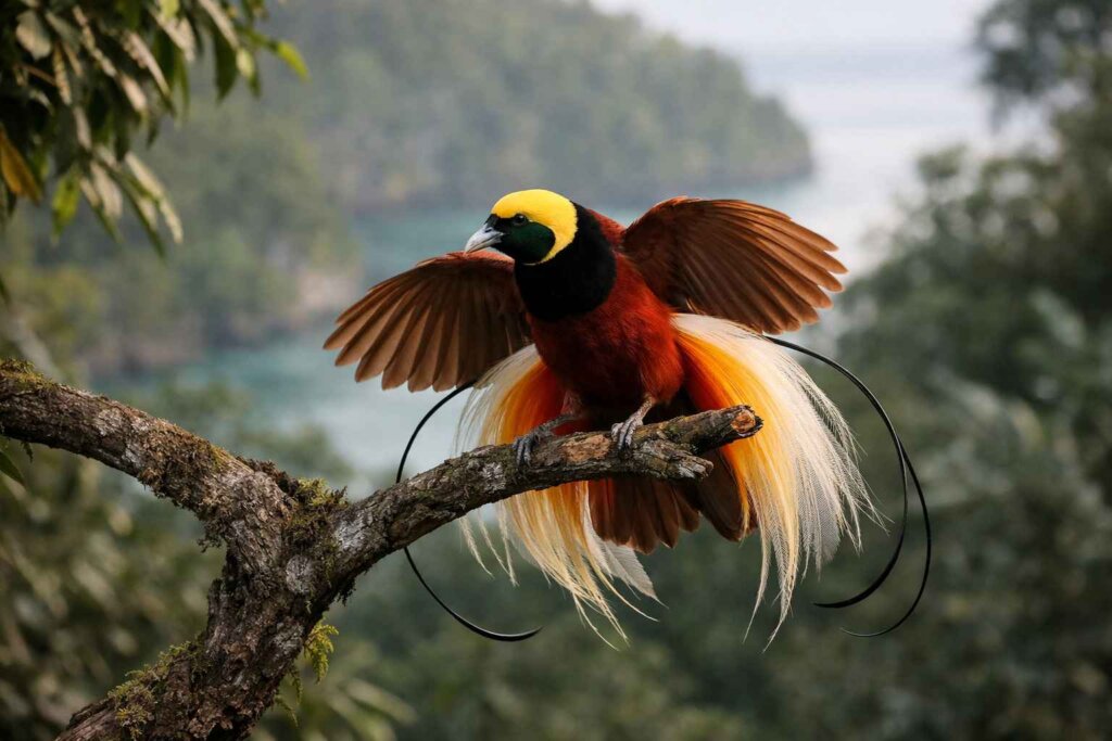 Red Bird of Paradise displaying on Gam Island Raja Ampat West Papua
