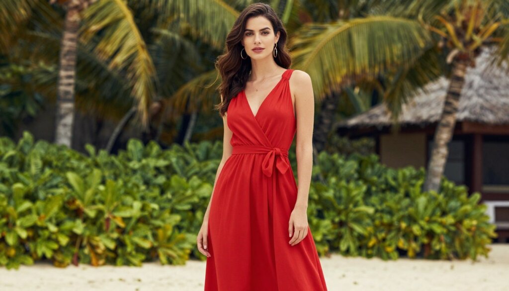 Red dress on tropical vacation setting
