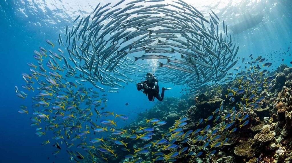 School of fusiliers and barracuda surrounding a diver at Cape Kri, Dampier Strait, Raja Ampat liveaboard diving