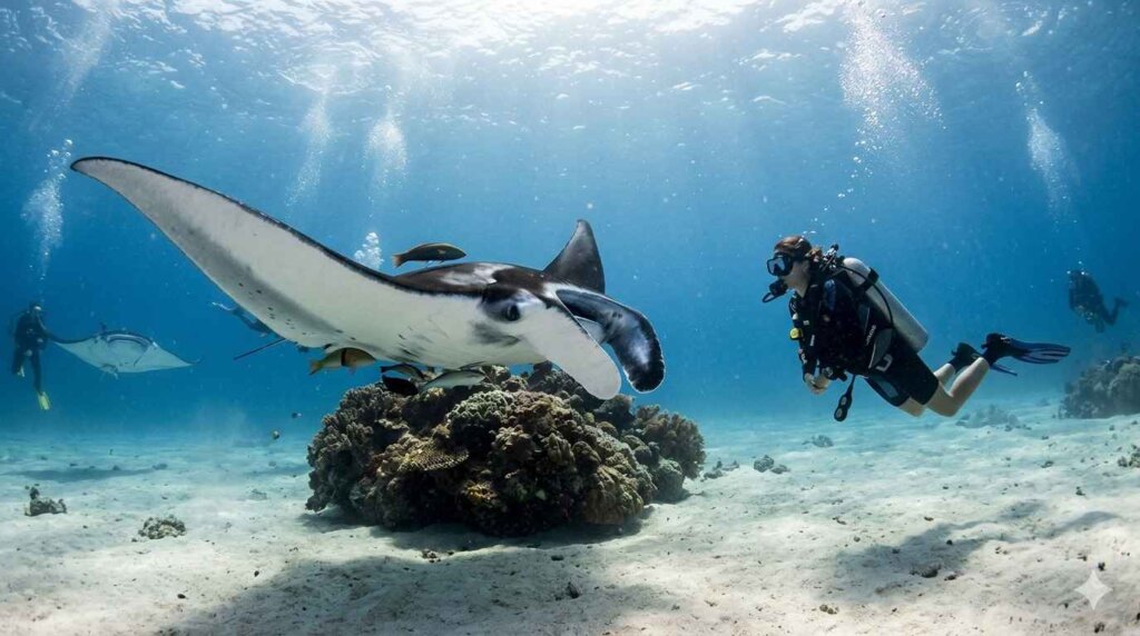 Scuba diver floating beside a giant manta ray at Manta Sandy dive site, Raja Ampat, West Papua