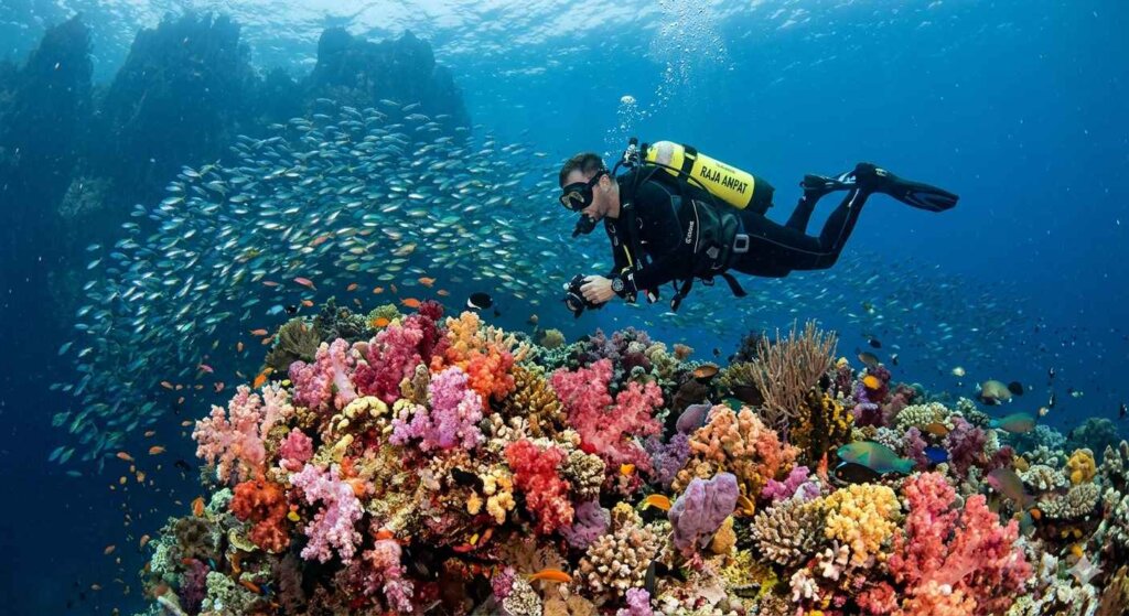 Scuba diver hovering above vibrant soft coral reef in Raja Ampat Indonesia with schooling fish in background.