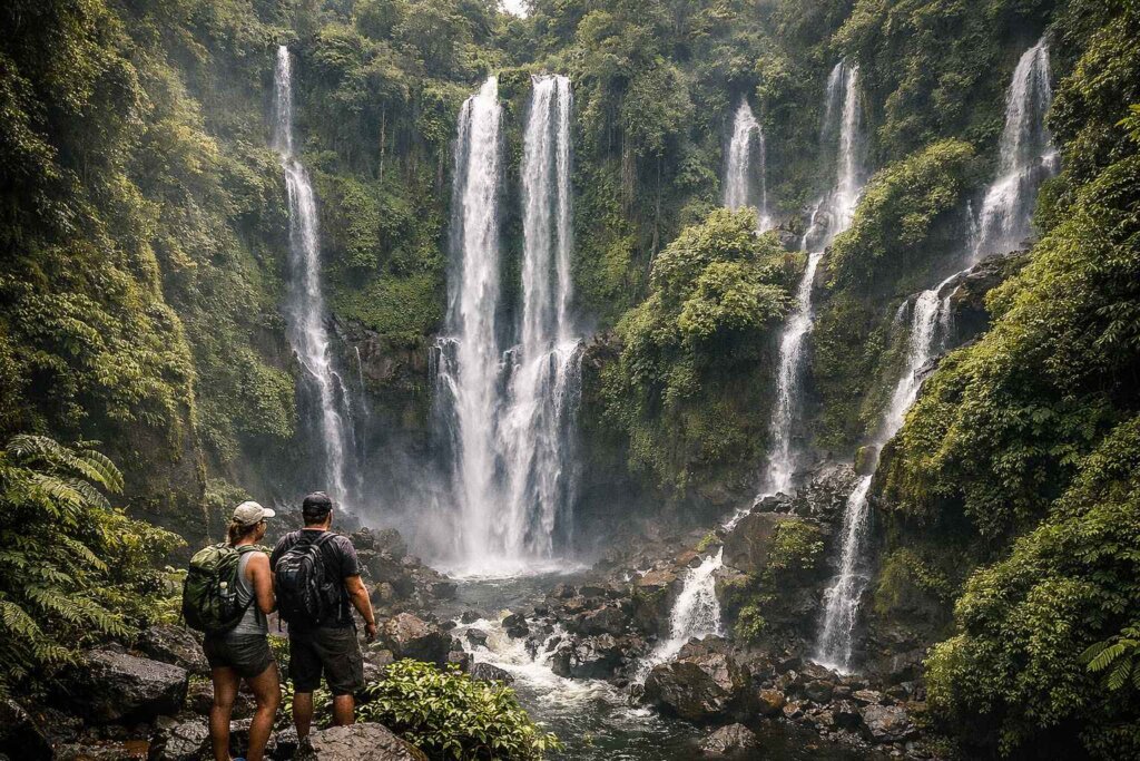 Sekumpul Waterfall Bali multi-fall jungle hike, seven waterfalls converging in canyon