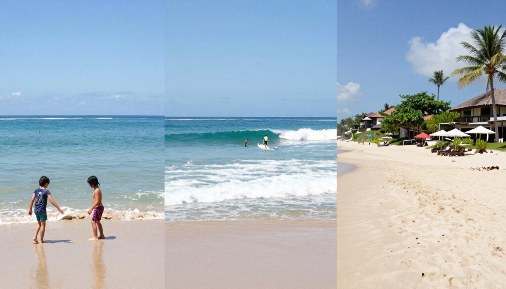 Side by side comparison of different Bali beaches from Sanur, Seminyak, and Nusa Dua