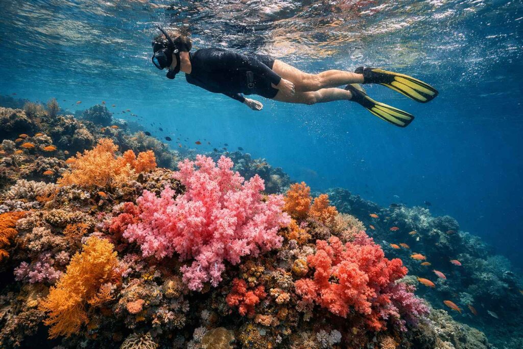 Snorkeler floating above colorful soft coral reef in Raja Ampat, Indonesia