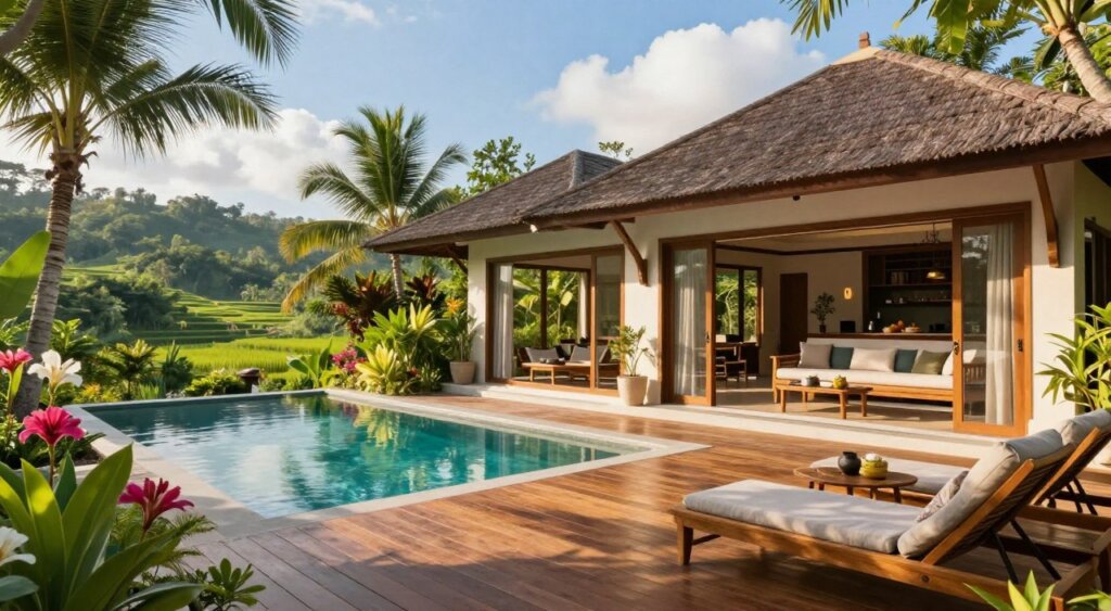 Spacious family villas in Bali, featuring luxurious open-plan living areas adorned with natural wood furnishings and modern decor. In the foreground, a polished wooden deck overlooks a serene private pool surrounded by lush tropical gardens with vibrant flowers. The middle ground showcases large, glass sliding doors leading into the villa, allowing natural light to fill the spaces. The background captures the lush green hills and distant rice terraces under a bright blue sky with a few fluffy clouds. The scene is bathed in warm, golden sunlight, evoking a tranquil, inviting atmosphere perfect for family gatherings. The image should reflect a professional photojournalism style, resembling high-quality imagery seen in travel publications, devoid of any text or distractions.