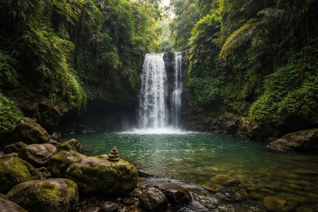 Sumampan Waterfall Bali near Ubud, small peaceful waterfall with green swimming pool