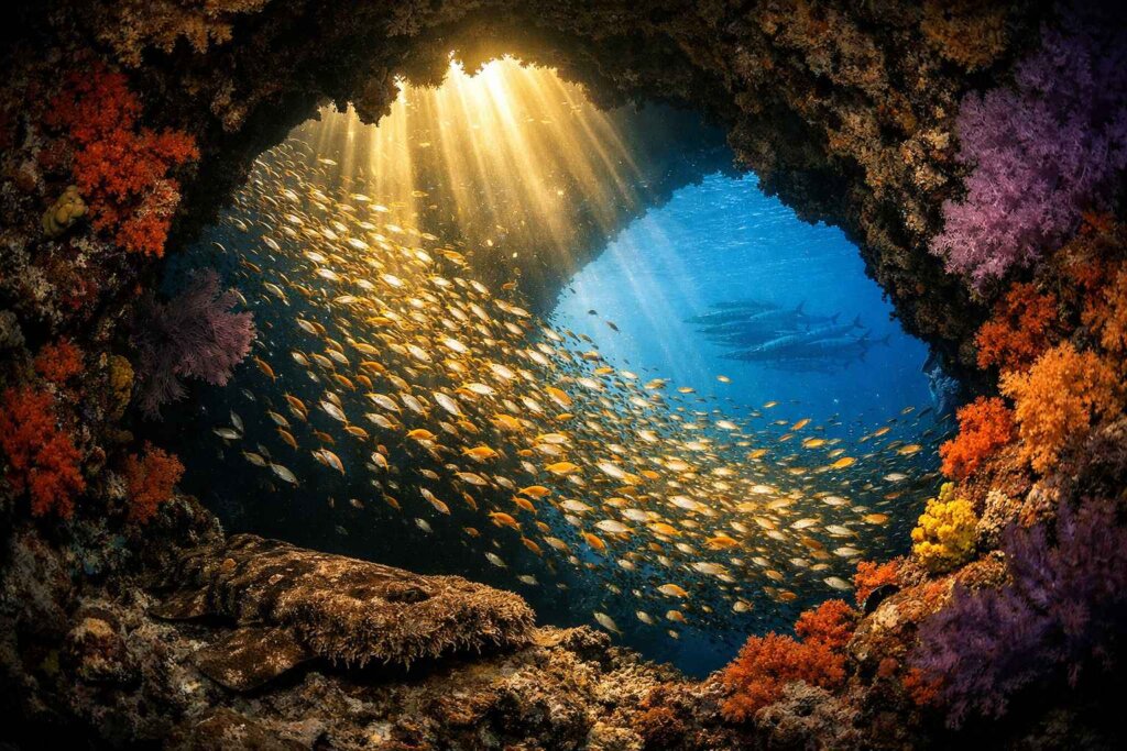 Sunlight streaming through Boo Windows underwater arch Misool Raja Ampat