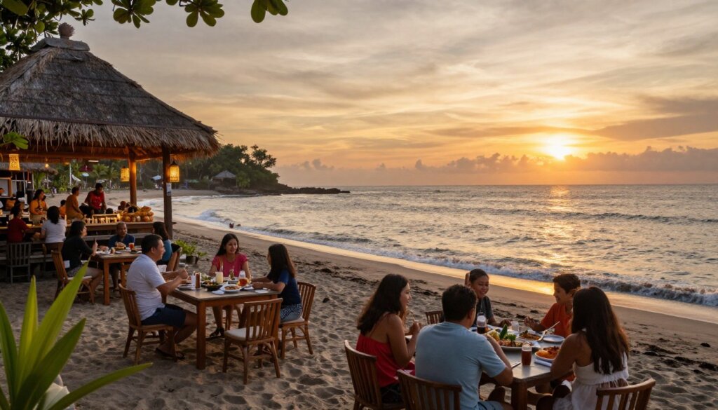 Sunset dining at Jimbaran beach with family enjoying fresh seafood