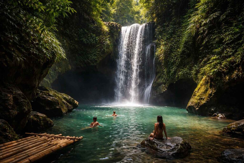 Suwat Waterfall Ubud Bali hidden jungle cascade with swimmers in pool