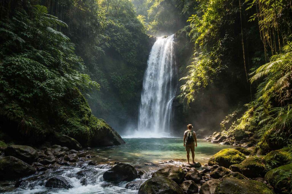 Taman Sari Waterfall Bali tiered falls in jungle park near Ubud