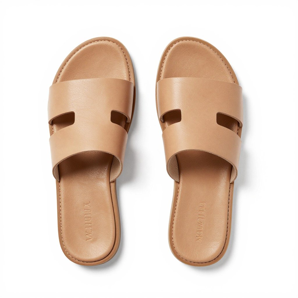Tan leather slide sandals minimalist vacation footwear