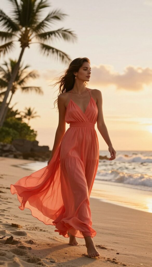 Taylor Swift inspired flowing maxi dress on Bali beach at sunset