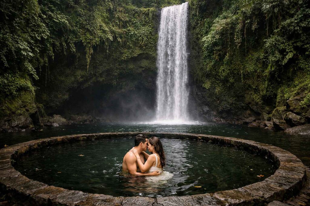Tibumana Waterfall Ubud Bali engagement photos, couple in circular jungle pool