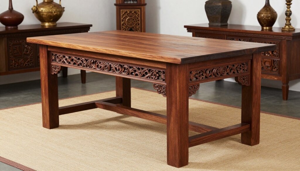 Traditional Balinese carved teak dining table with ornate details and rustic finish
