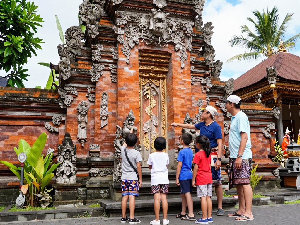 Traditional Balinese temple with family exploring cultural sites in Ubud