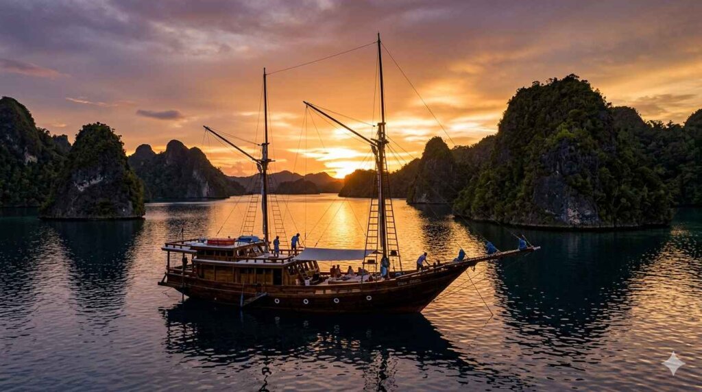 Traditional Indonesian liveaboard schooner anchored in Raja Ampat archipelago at sunset
