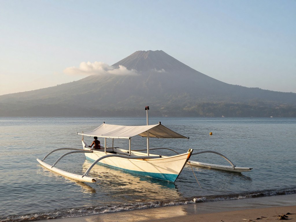 Traditional fishing boats on Amed beach with Mount Agung in background