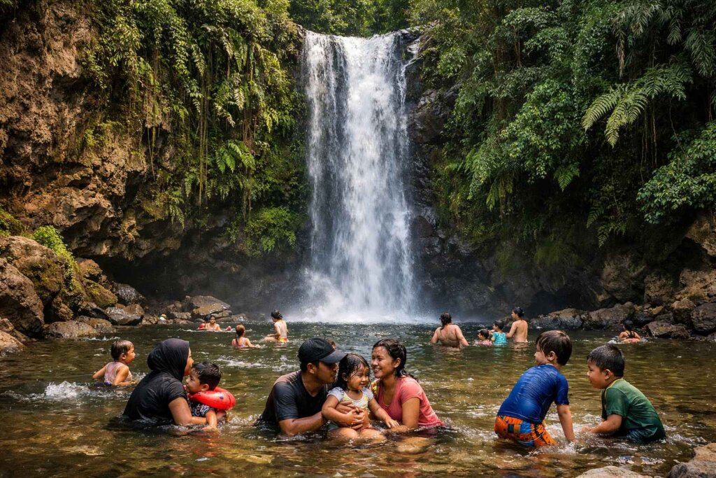 Uma Anyar Waterfall near Ubud Bali with families swimming in shallow pool