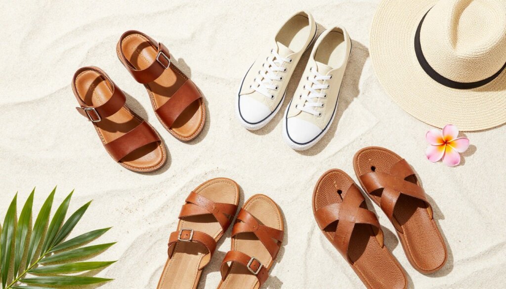 Vacation footwear collection flat lay sandals and sneakers