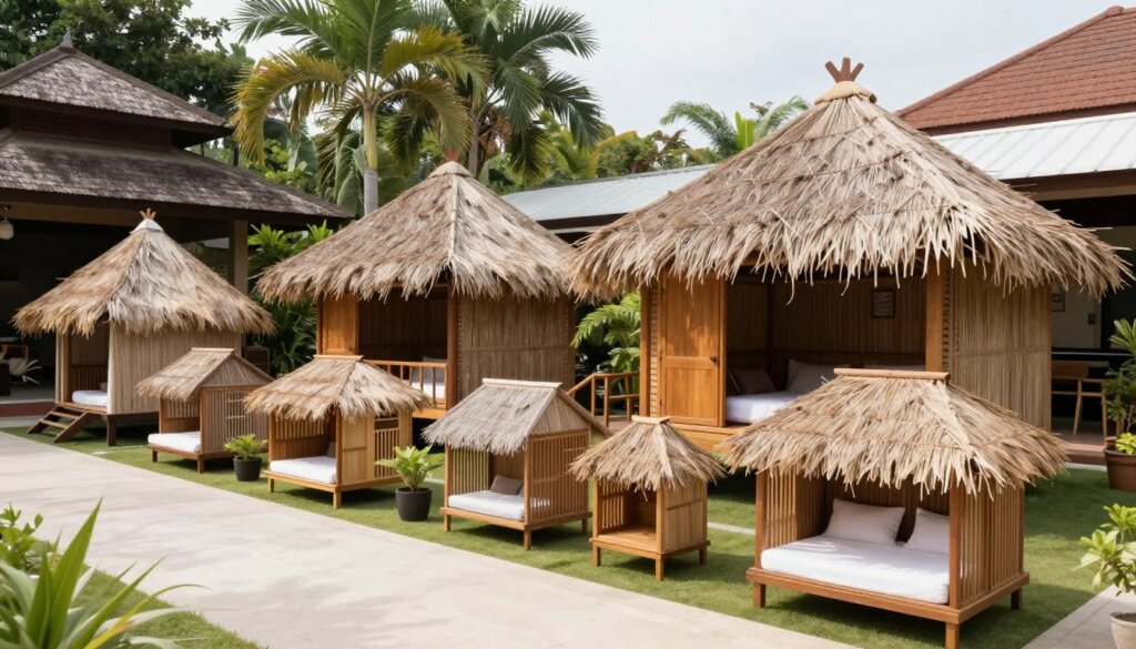 Various sizes and styles of Bali huts on display