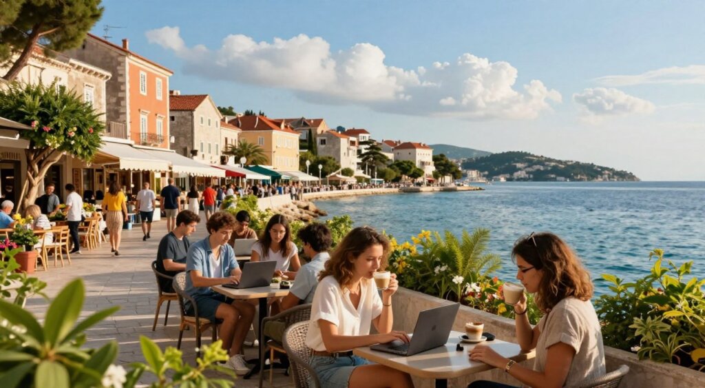 Vibrant cityscape of a Croatian coastal town, featuring a diverse group of digital nomads working on laptops in outdoor cafes along a picturesque waterfront. In the foreground, a woman in smart casual attire enjoys a cappuccino while typing, surrounded by lush greenery and colorful Mediterranean architecture. In the middle ground, a bustling street lined with local shops and market stalls showcases the lively atmosphere, with people chatting and enjoying the sun. The background reveals a stunning view of the crystal-clear Adriatic Sea and distant hills under a bright blue sky with soft, fluffy clouds. The lighting is warm and inviting, creating a relaxed yet productive mood. The composition is shot at a slight angle, capturing the essence of a digital nomad lifestyle in beautiful Croatia, evoking a sense of freedom and inspiration.