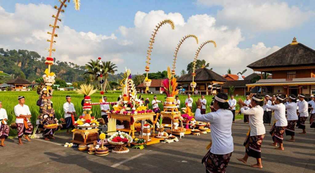 Vibrant scene capturing the essence of Galungan and Kuningan, featuring a traditional Balinese temple decorated with colorful offerings and intricate bamboo penjor arches stretching into the sky. In the foreground, local Hindus dressed in modest traditional attire perform a ceremonial dance, embodying devotion and joy. The middle ground showcases beautifully arranged canang sari (offering trays) adorned with flowers and incense, while the background reveals lush green rice paddies under a bright blue sky. Soft, warm sunlight illuminates the scene, casting gentle shadows and enhancing the rich colors. The overall atmosphere conveys a sense of spiritual celebration, cultural pride, and community togetherness.