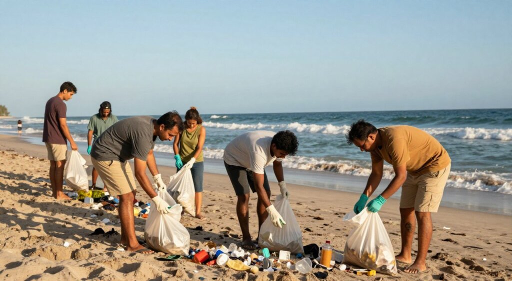 Volunteers of diverse backgrounds, dressed in modest casual clothing, actively engaged in a beach cleanup at Bali's Kuta Beach, collecting plastic debris and litter from the sandy shoreline. In the foreground, a group of three volunteers is bending down to gather trash, showcasing their teamwork and determination. The middle ground features more volunteers with trash bags and gloves, while in the background, the shimmering ocean waves and a clear blue sky provide a serene contrast to the environmental challenge at hand. The lighting is warm and inviting, suggesting a late afternoon sun, which casts soft shadows and highlights the volunteers' efforts. The atmosphere conveys a sense of hope, community spirit, and the importance of environmental preservation, ideally capturing the transformative impact of collective action.