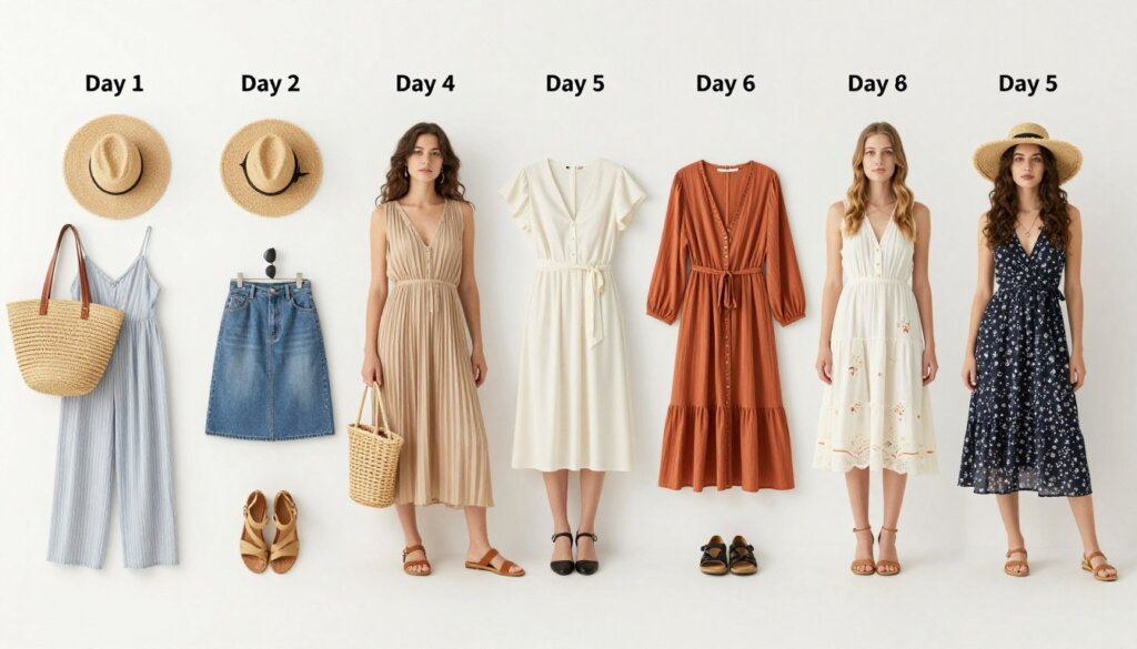 Week-long vacation outfit calendar laid out by day