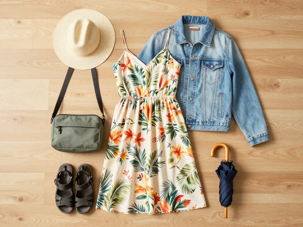 Wet season vacation outfit with quick-dry fabrics Bali style