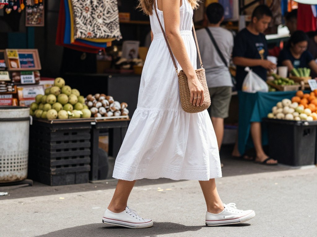 White dress casual daytime styling with sneakers