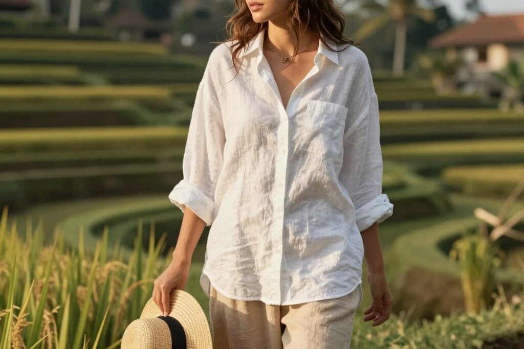 White linen oversized shirt styled for Bali casual day