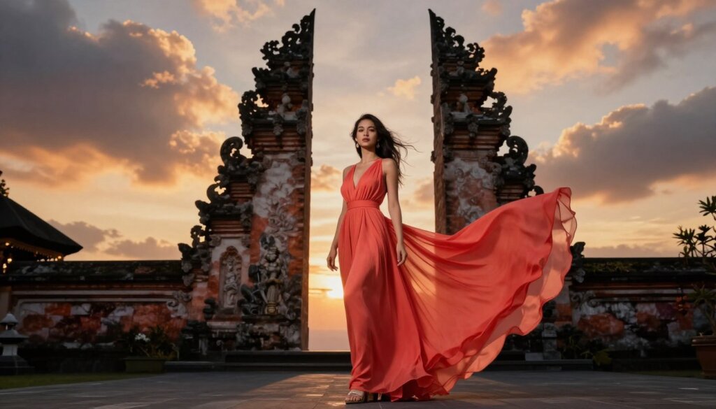 Woman in flowing red dress Bali temple sunset photo