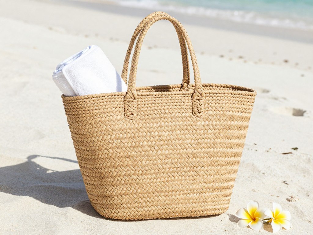 Woven straw tote bag beach essentials Bali vacation