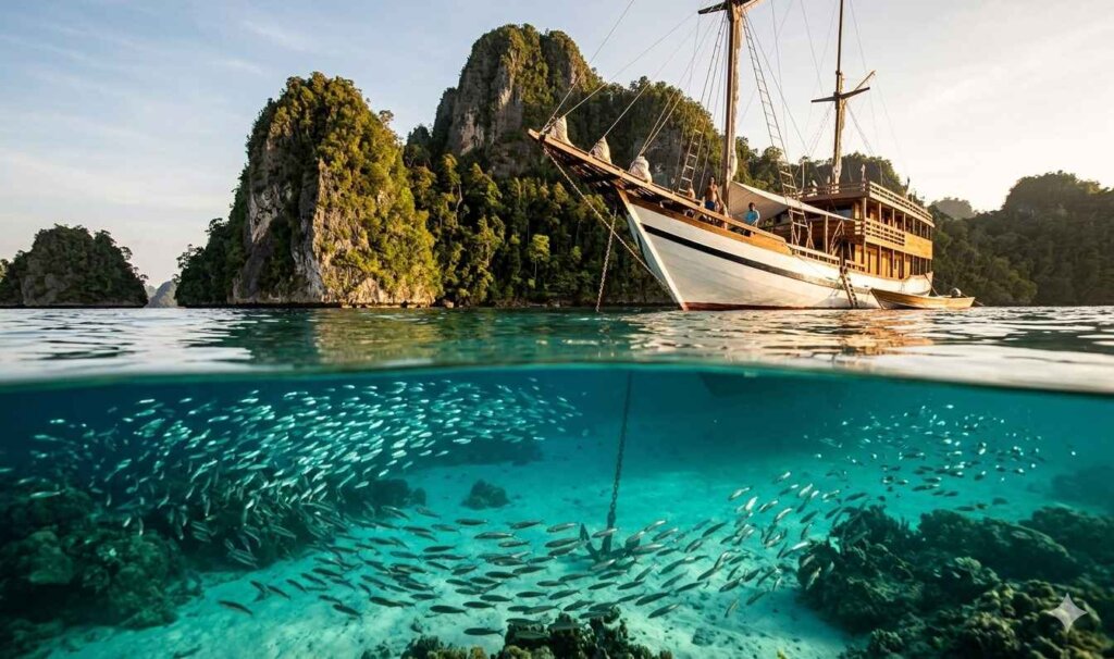 a traditional wooden Phinisi sailing liveaboard anchored off a jungle-covered limestone karst island in Raja Ampat, West Papua, Indonesia.