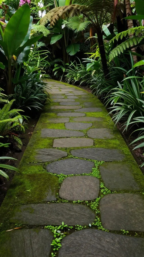 Natural Stone Pavers and Mossy Walkways