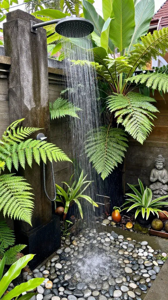 Outdoor Rainfall Showers with River Rocks