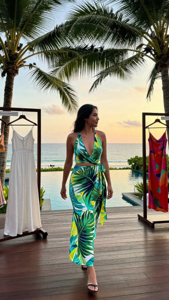 Tropical Leaf Print Wrap Dress