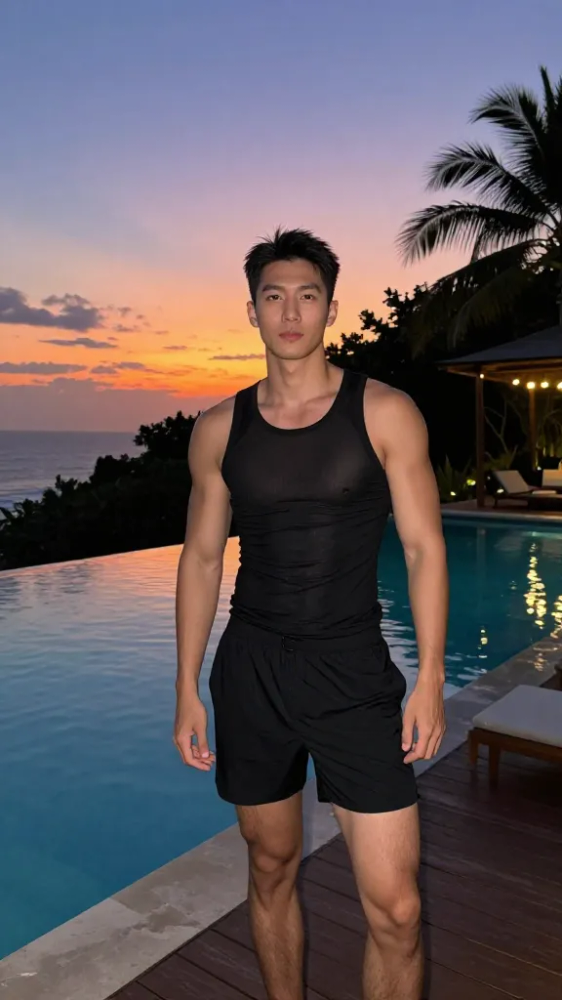 Black Mesh Tank with Swim Trunks