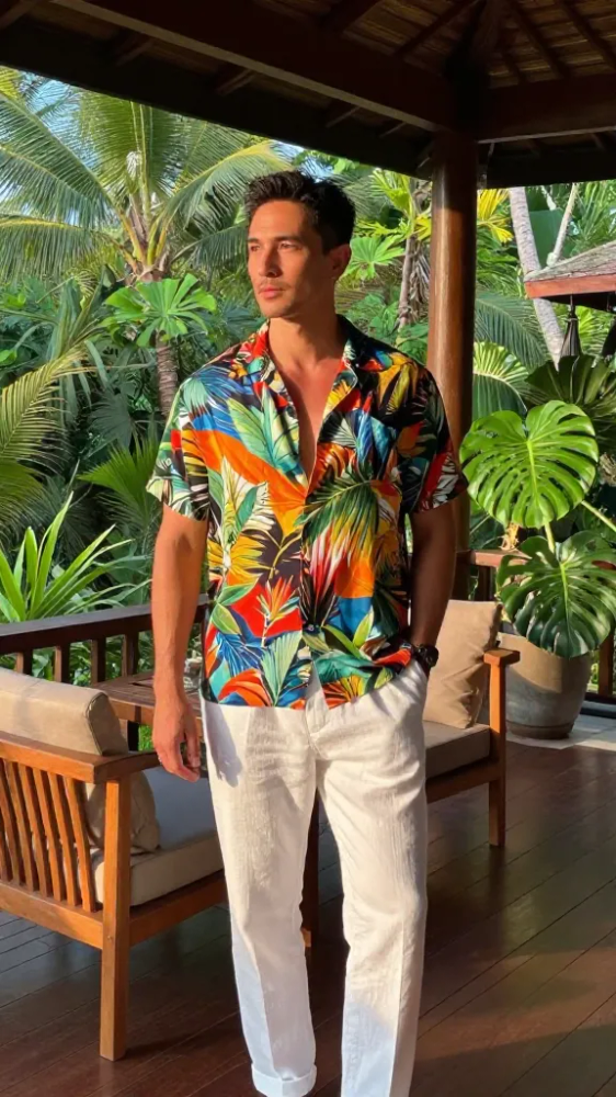 Patterned Resort Shirt With White Trousers