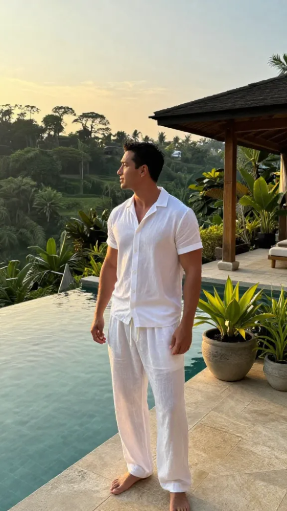 White Short Sleeve Shirt and Drawstring Pants