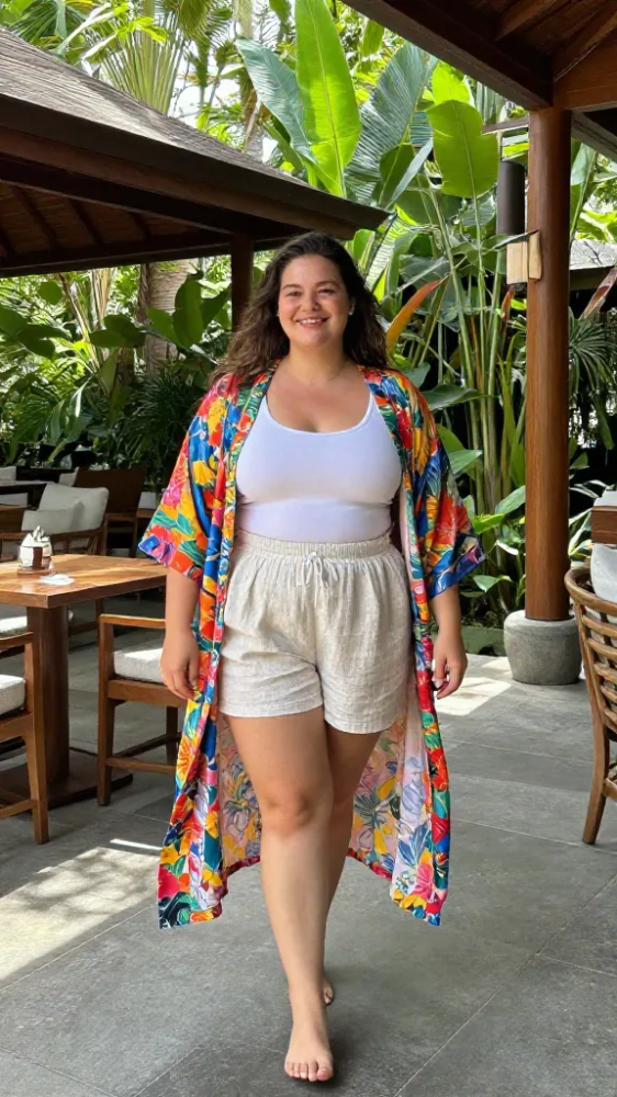 Bali Plus Size Summer Outfits Big Stomach 7 Kimono Wraps Over Relaxed Shorts