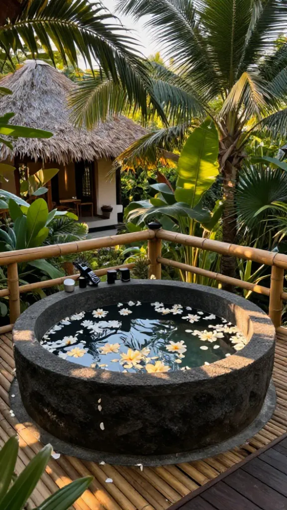 Outdoor Stone Tubs with Flower Petals