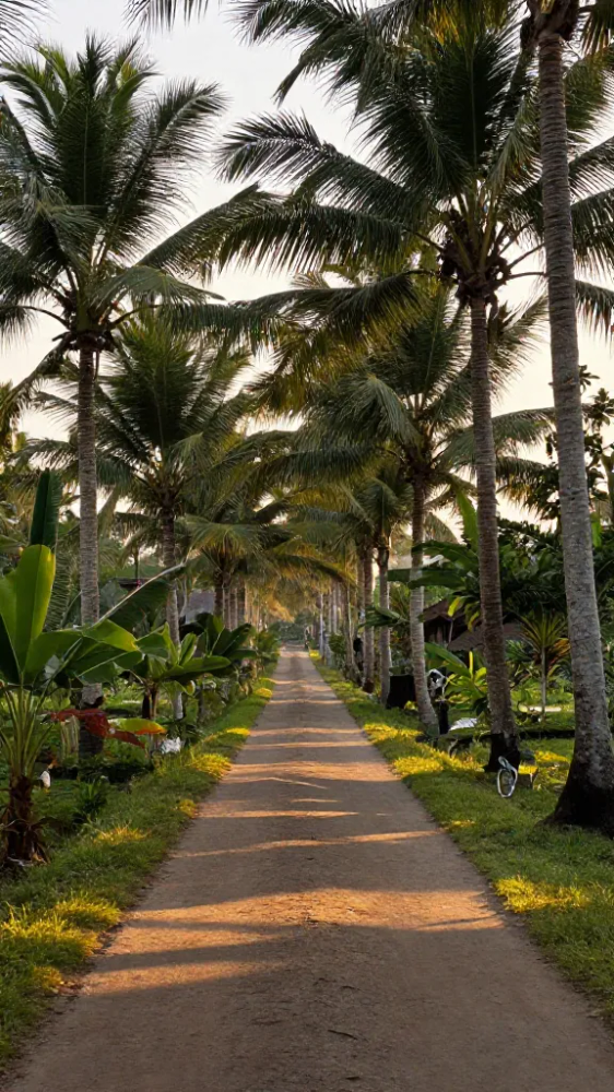 Lush Palm Tree Rows and Dirt Paths
