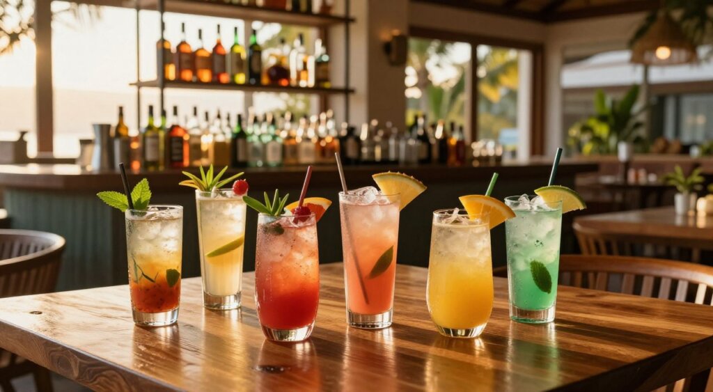A beautifully arranged beverage selection at Sanur Restaurant, featuring an array of tropical drinks and artisanal cocktails. In the foreground, vibrant, colorful drinks in elegant glassware, garnished with fresh fruits and herbs, are artistically placed on a polished wooden table. The middle ground showcases a stylish bar setup with shelves displaying various liquors and fresh ingredients, hinting at expert mixology. In the background, soft golden sunlight filters through large windows, casting a warm, inviting glow over the scene, enhancing the cozy atmosphere of the restaurant. The image captures a relaxed yet sophisticated dining experience, ideal for enjoying specialty beverages in a tropical setting. The composition is shot from a slightly elevated angle, emphasizing the lush colors and textures, with a deep focus that maintains clarity throughout.