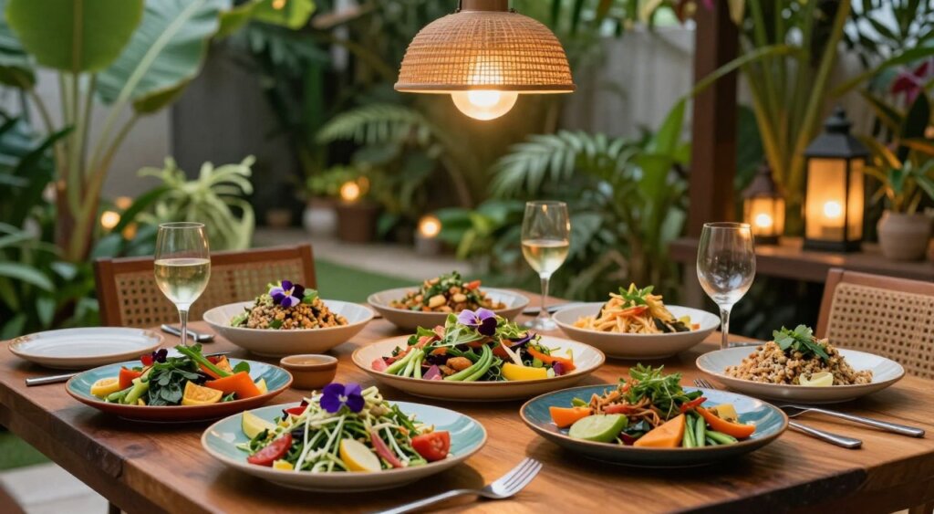 A beautifully arranged dining table featuring an array of vegan and vegetarian dishes in a lush Seminyak garden. In the foreground, colorful plates showcase vibrant salads, grain bowls, and fresh vegetable platters, garnished with edible flowers and herbs. The middle ground reveals a warm, rustic wooden table set for an intimate dinner, with soft, ambient lighting from stylish pendant lamps overhead. In the background, tropical plants and softly glowing lanterns create a serene, inviting atmosphere typical of Seminyak. The scene captures a festive yet relaxed mood, ideal for a delightful dining experience, with natural light enhancing the freshness of the ingredients. No people are present in the image, ensuring focus on the culinary offerings. A beautifully arranged dining table featuring an array of vegan and vegetarian dishes in a lush Seminyak garden. In the foreground, colorful plates showcase vibrant salads, grain bowls, and fresh vegetable platters, garnished with edible flowers and herbs. The middle ground reveals a warm, rustic wooden table set for an intimate dinner, with soft, ambient lighting from stylish pendant lamps overhead. In the background, tropical plants and softly glowing lanterns create a serene, inviting atmosphere typical of Seminyak. The scene captures a festive yet relaxed mood, ideal for a delightful dining experience, with natural light enhancing the freshness of the ingredients. No people are present in the image, ensuring focus on the culinary offerings.