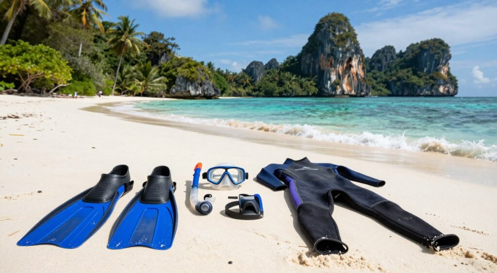A beautifully arranged display of essential diving gear specifically for Raja Ampat, showcasing a high-quality diving mask, fins, snorkel, and wetsuit laid out on a sandy beach. In the foreground, the diving gear is prominently featured, with the vibrant colors of the equipment contrasting against the light beige sand. In the middle ground, gentle waves lap at the shore, with coral reefs visible beneath the clear turquoise water, hinting at the underwater beauty of Raja Ampat. The background showcases lush green tropical vegetation and dramatic limestone cliffs under a bright blue sky, with soft, natural lighting enhancing the entire scene. The mood is inviting and adventurous, capturing the essence of diving in this tropical paradise. A beautifully arranged display of essential diving gear specifically for Raja Ampat, showcasing a high-quality diving mask, fins, snorkel, and wetsuit laid out on a sandy beach. In the foreground, the diving gear is prominently featured, with the vibrant colors of the equipment contrasting against the light beige sand. In the middle ground, gentle waves lap at the shore, with coral reefs visible beneath the clear turquoise water, hinting at the underwater beauty of Raja Ampat. The background showcases lush green tropical vegetation and dramatic limestone cliffs under a bright blue sky, with soft, natural lighting enhancing the entire scene. The mood is inviting and adventurous, capturing the essence of diving in this tropical paradise.