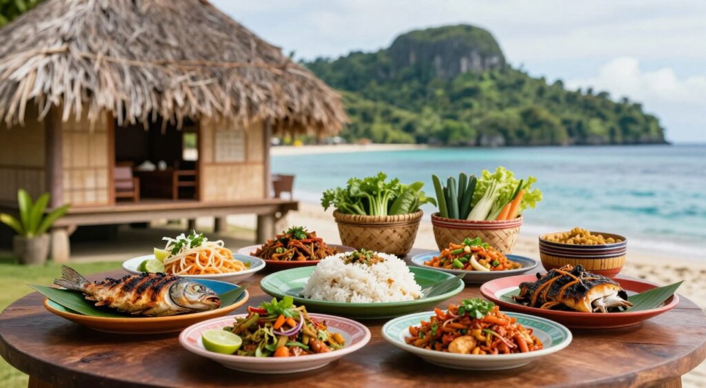 A beautifully arranged display of traditional Raja Ampat cuisine, featuring a variety of vibrant, fresh dishes showcasing the local seafood, vegetables, and island spices. In the foreground, include a wooden table set with colorful plates of grilled fish, coconut rice, and a variety of spicy sambals, with garnishes of fresh herbs and lime. In the middle, a rustic thatched-roof cottage can be seen, hinting at local dining settings, complemented by traditional woven baskets holding fresh produce. In the background, display the stunning lush green hills of Raja Ampat and the sparkling blue ocean, under soft, warm daylight. The scene captures the essence of culinary heritage in Raja Ampat, conveying an inviting and exotic atmosphere, reminiscent of a gastronomic adventure in paradise. Use a shallow depth of field to create a soft focus on the background while highlighting the food arrangement. A beautifully arranged display of traditional Raja Ampat cuisine, featuring a variety of vibrant, fresh dishes showcasing the local seafood, vegetables, and island spices. In the foreground, include a wooden table set with colorful plates of grilled fish, coconut rice, and a variety of spicy sambals, with garnishes of fresh herbs and lime. In the middle, a rustic thatched-roof cottage can be seen, hinting at local dining settings, complemented by traditional woven baskets holding fresh produce. In the background, display the stunning lush green hills of Raja Ampat and the sparkling blue ocean, under soft, warm daylight. The scene captures the essence of culinary heritage in Raja Ampat, conveying an inviting and exotic atmosphere, reminiscent of a gastronomic adventure in paradise. Use a shallow depth of field to create a soft focus on the background while highlighting the food arrangement.