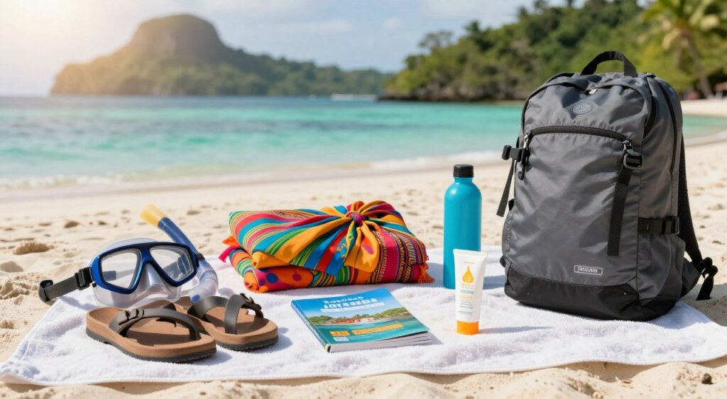 A beautifully arranged flat lay of packing essentials for a Raja Ampat trip on a soft beach towel. In the foreground, there are high-quality snorkeling gear, durable sandals, a lightweight waterproof backpack, a travel guidebook, and eco-friendly sunscreen. In the middle ground, colorful sarongs and a reusable water bottle add a vibrant touch. The background features a blurred image of gentle turquoise waters and lush green islands under soft, warm sunlight, hinting at the tropical paradise of Raja Ampat. Capture the mood of adventure and anticipation, showcasing a bright and inviting atmosphere, evoking a sense of wanderlust. Use natural lighting to enhance the colors and create a peaceful, serene vibe.